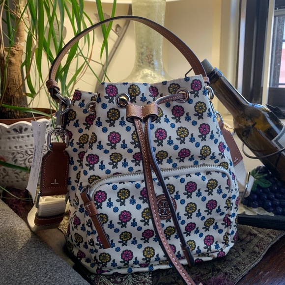 Authentic TORY BURCH leather/canvas bucket drawstring crossbody - Picture 15 of 16